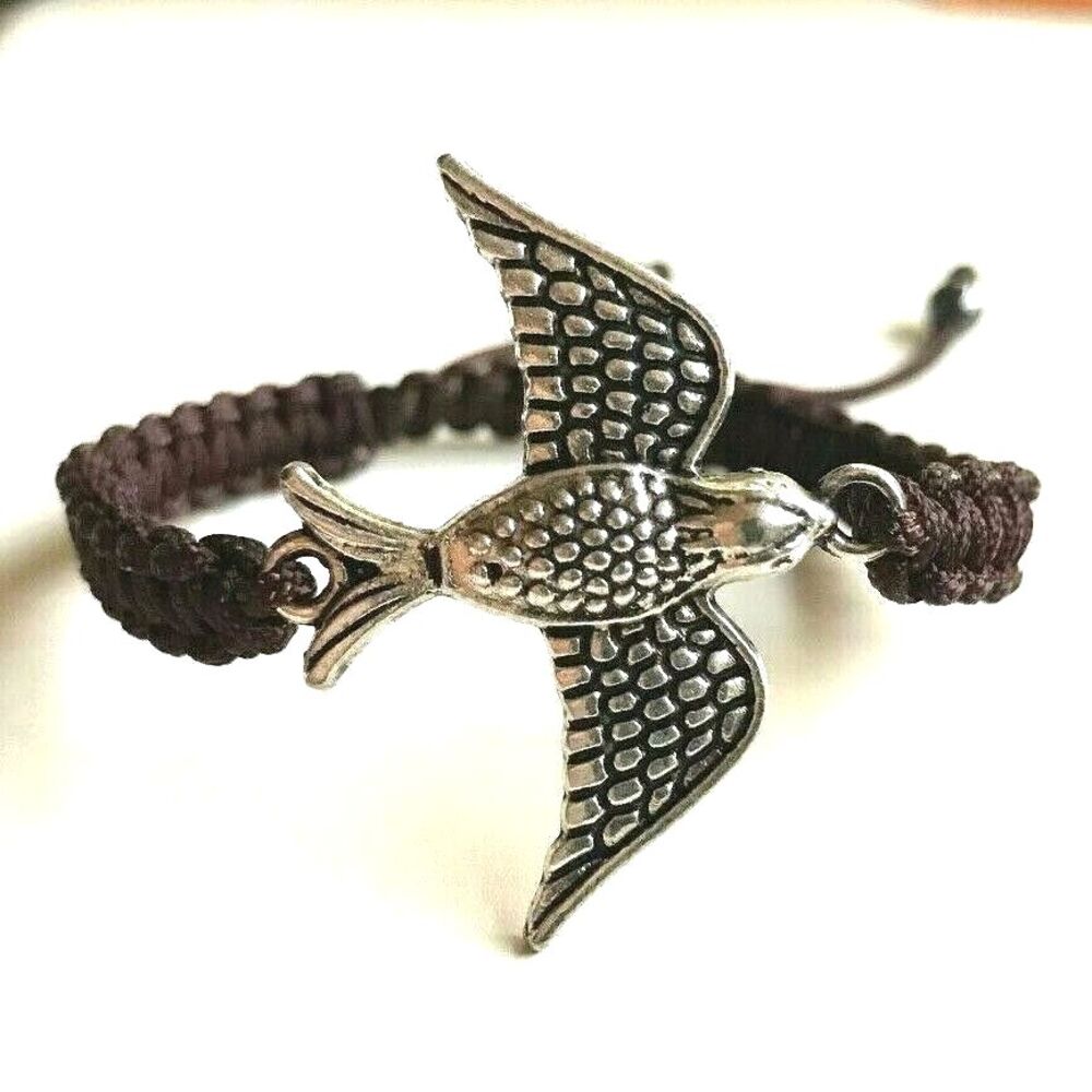 Bird Bracelet Silver Tone Adjustable Acrylic Brown Rope Shamballa Eagle Sparrow